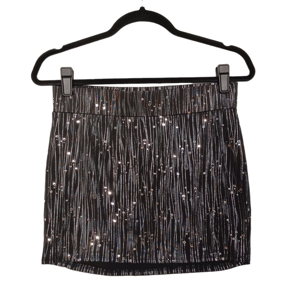 BEBE 2B Metallic Silver Sequin Print Stretchy Black Bodycon Mini Skirt XS NWT